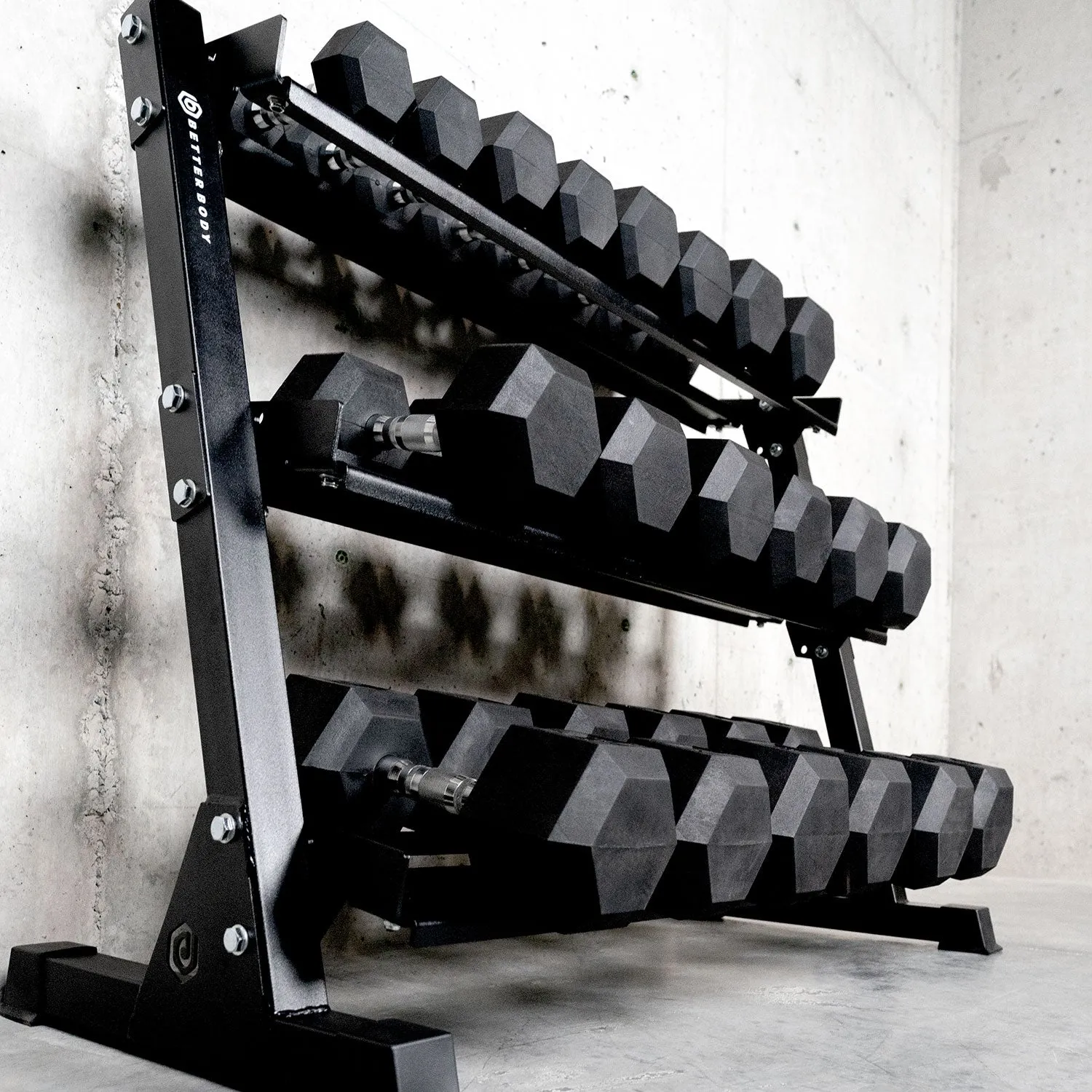 Better Body Rubber Hex Dumbbell Set   Weight Rack Bundle 5-50lbs