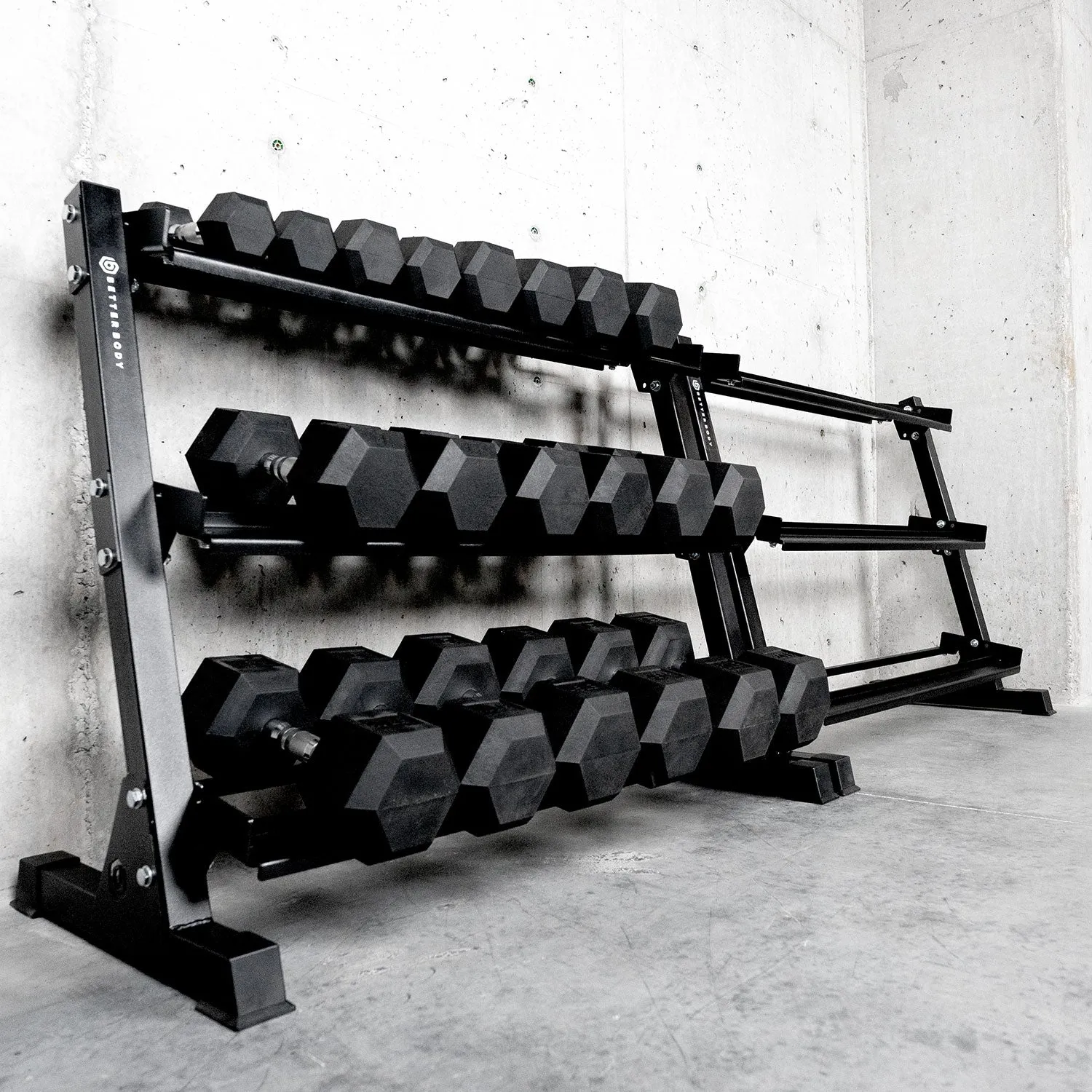 Better Body Rubber Hex Dumbbell Set   Weight Rack Bundle 5-50lbs