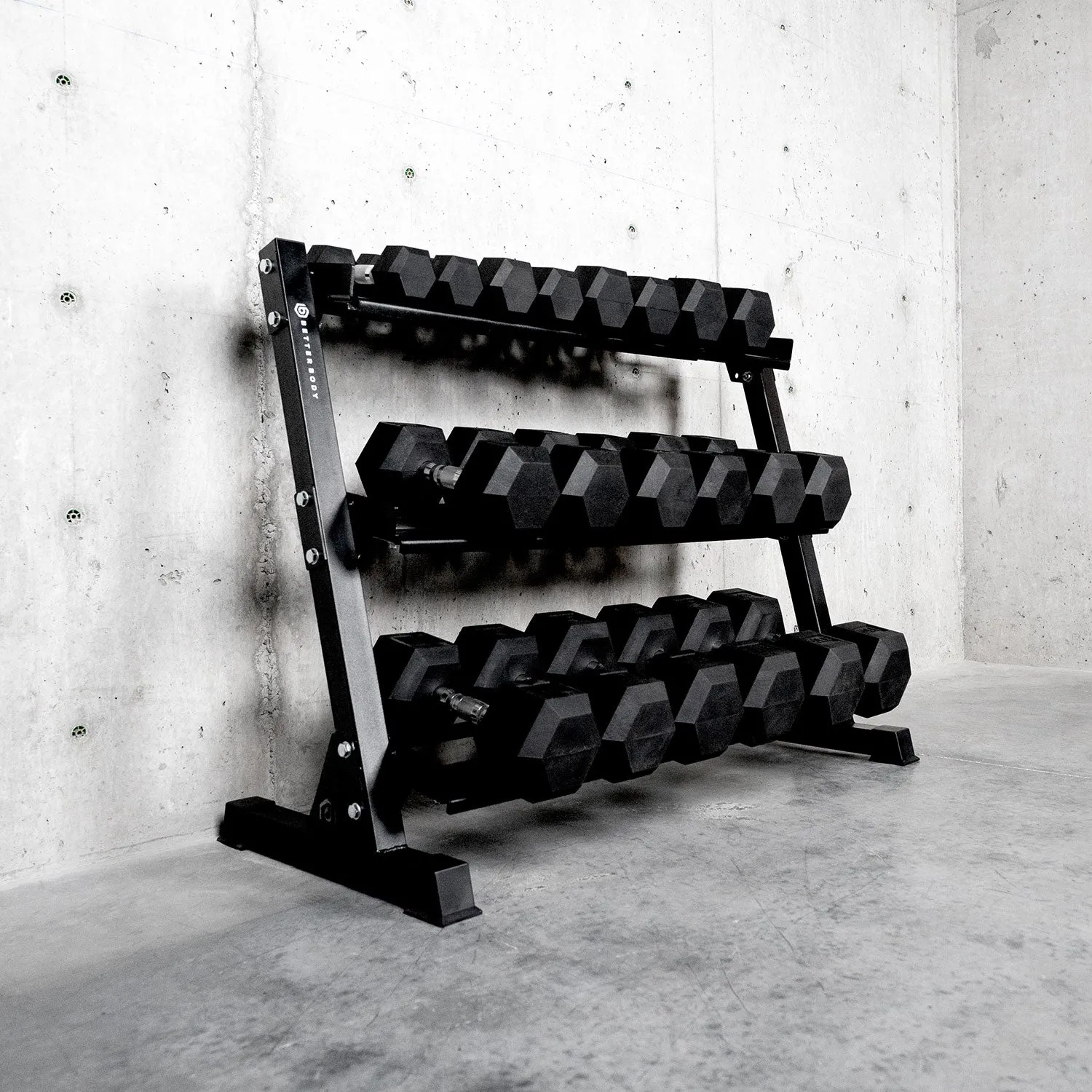 Better Body Rubber Hex Dumbbell Set   Weight Rack Bundle 5-50lbs