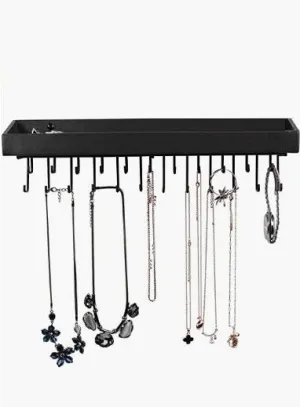 Black Wall Mount Jewellery Organizer with 23 Hooks and Shelf