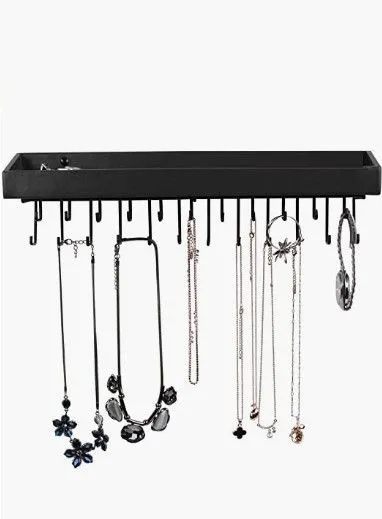 Black Wall Mount Jewellery Organizer with 23 Hooks and Shelf