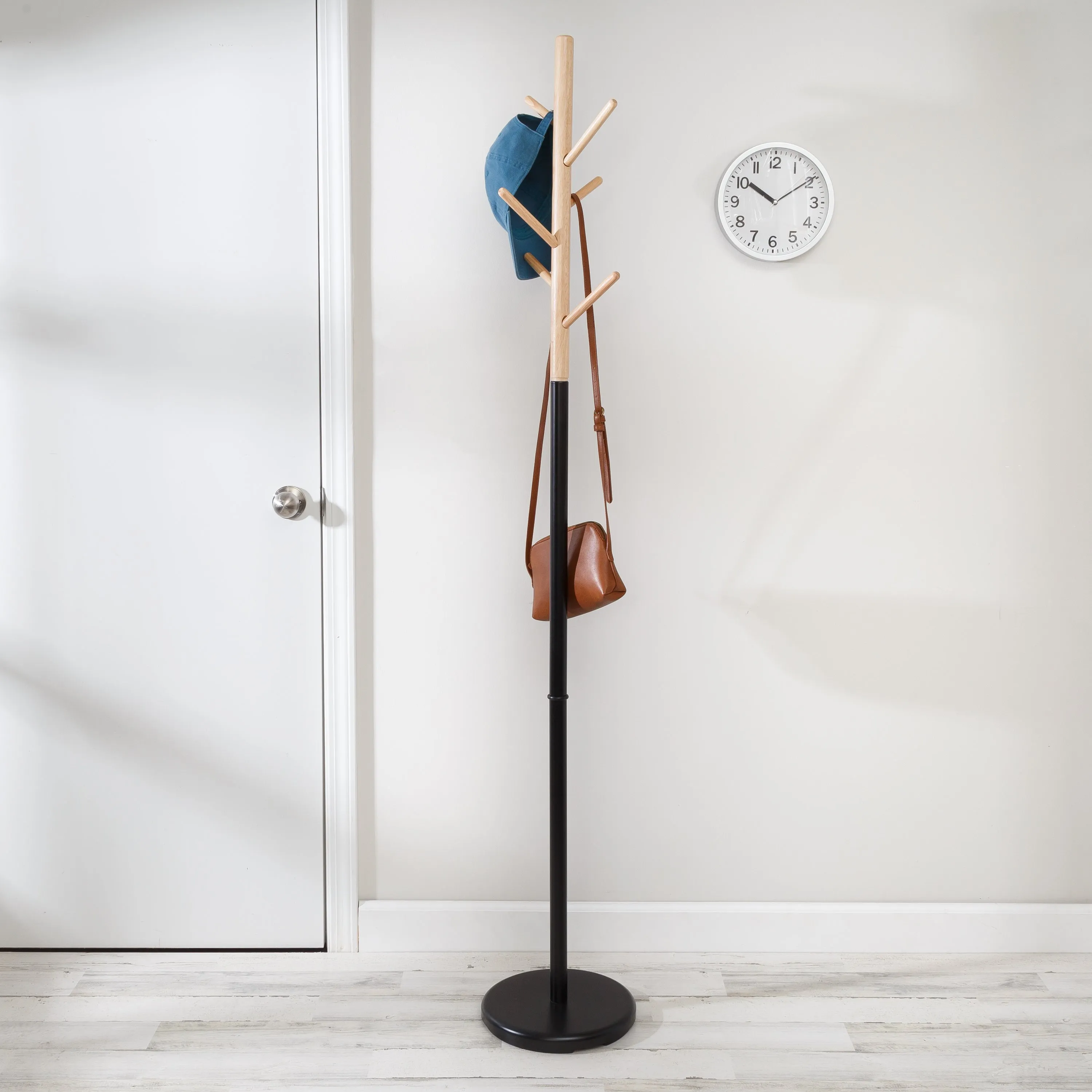 Black/Natural Wood Modern Coat Tree Stand