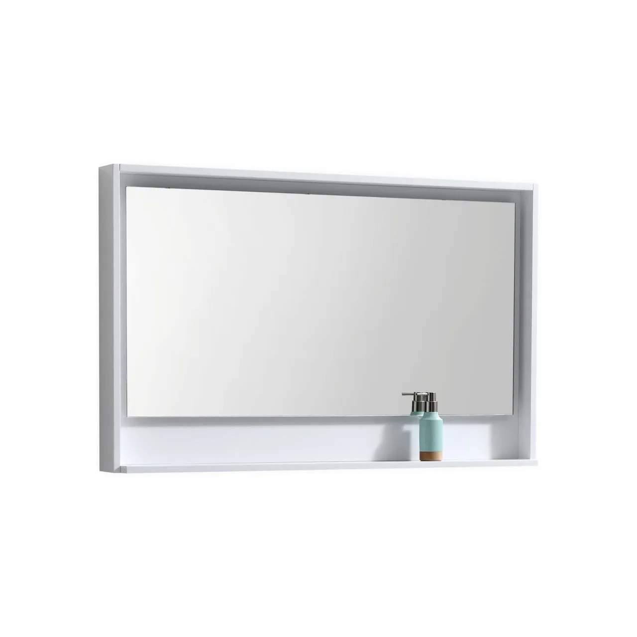 BLISS- 48" Gloss White, Mirror With Wood Frame and Bottom Shelf