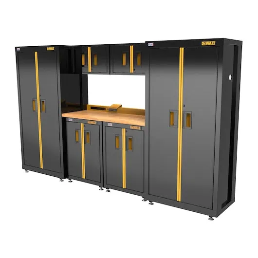 DEWALT 126" Wide, 7 PC. Welded Storage Suite w/ 2, 2-Door Base Cabinets & Wood Top