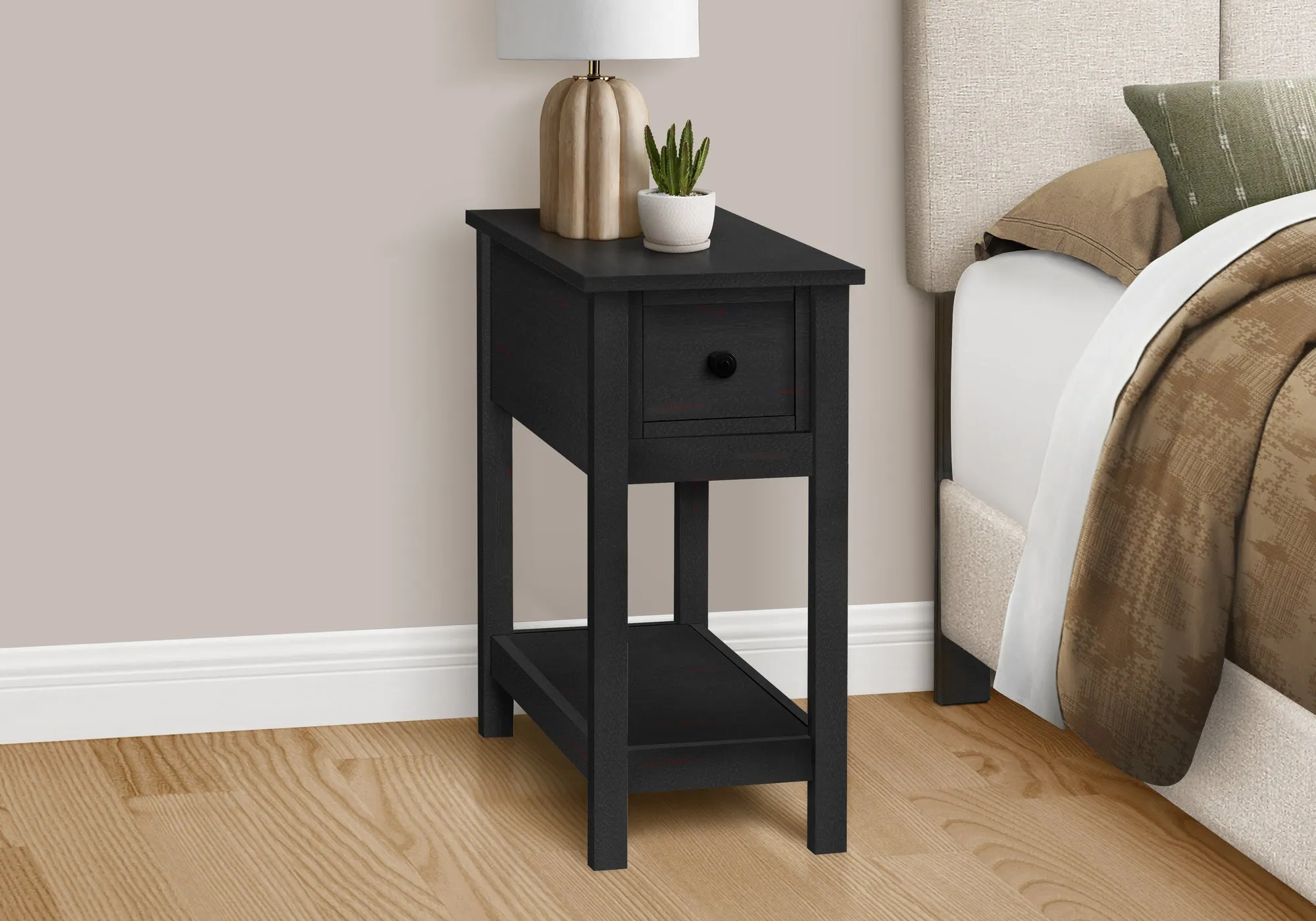 EleganceEdge 2-Tier Accent Table - Black Veneer Nightstand with Storage Drawer