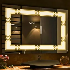 Elegant LED Rectangle Mirror with Geometric Border Design for Modern Bathrooms (36X48 (inch))