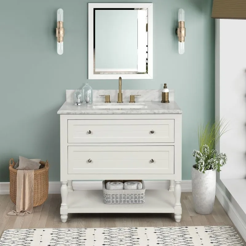 Hartwell Cove Dove White Freestanding Cabinet with Single Basin Integrated Sink and Countertop - Two Drawers (37" x 35" x 22")