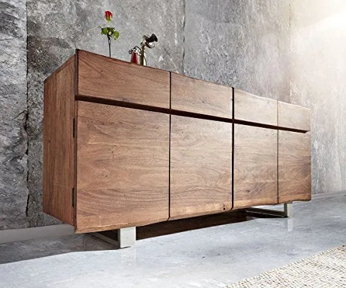 INMARWAR Solid Mango Wood & Carbon Steel Sideboard and Cabinets for Living Room | Free Standing Side Board Buffet Cabinet with 4 Drawer & 4 Door Cabinet Storage for Kitchen | Natural Brown