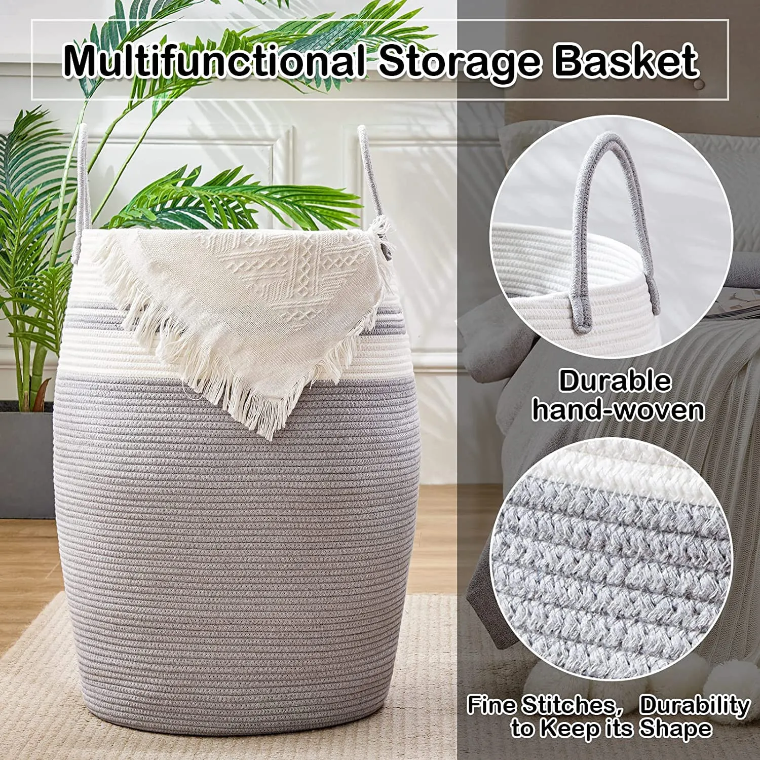 ☆LBY® ute Laundry Hamper Woven Rope Large Clothes Hamper 25.6" Height Tall Laundry Basket with Extended Handles for Storage Clothes Toys in Bedroom, Bathroom, Foldable (White Gray)