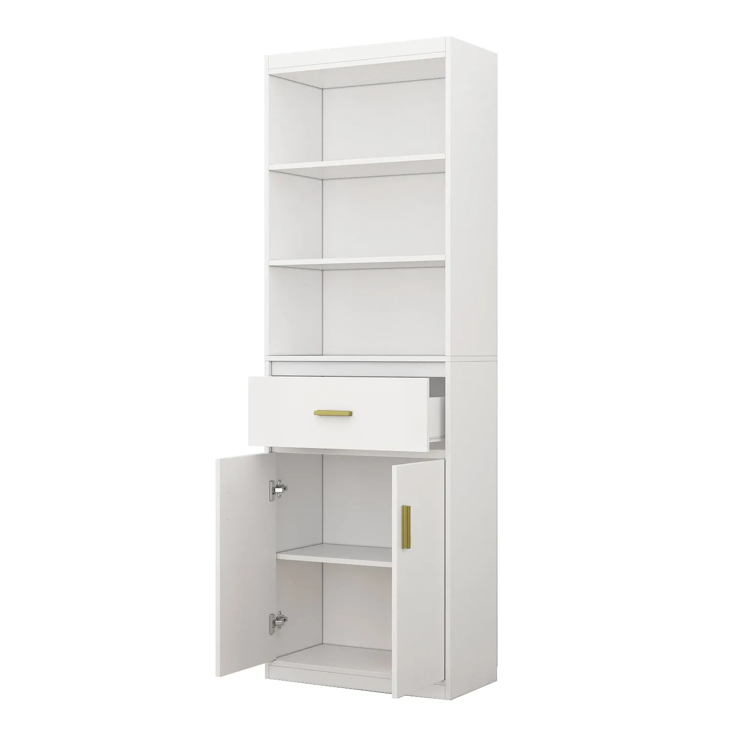 Modern Tall Bookcase with Doors, 3-Tier Shelves, and Drawer - 70" Wide