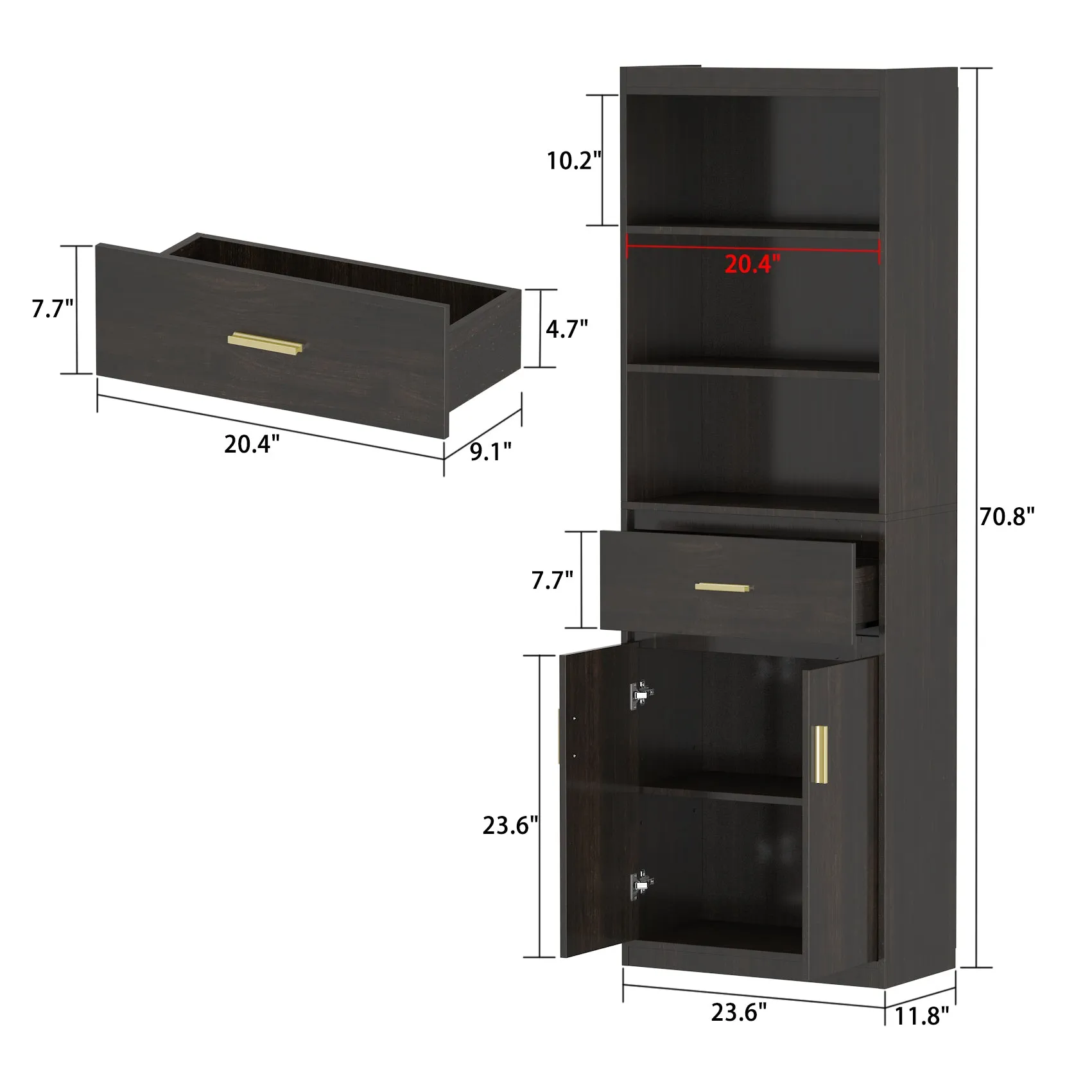 Modern Tall Bookcase with Doors, 3-Tier Shelves, and Drawer - 70" Wide