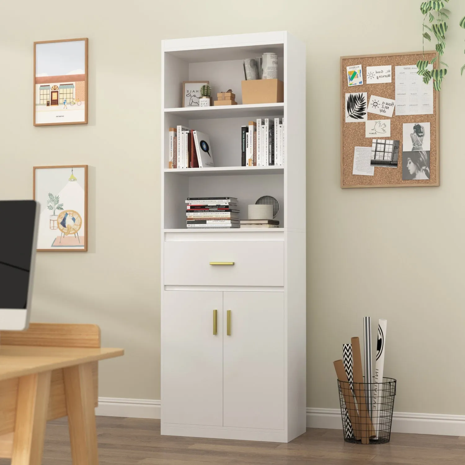 Modern Tall Bookcase with Doors, 3-Tier Shelves, and Drawer - 70" Wide