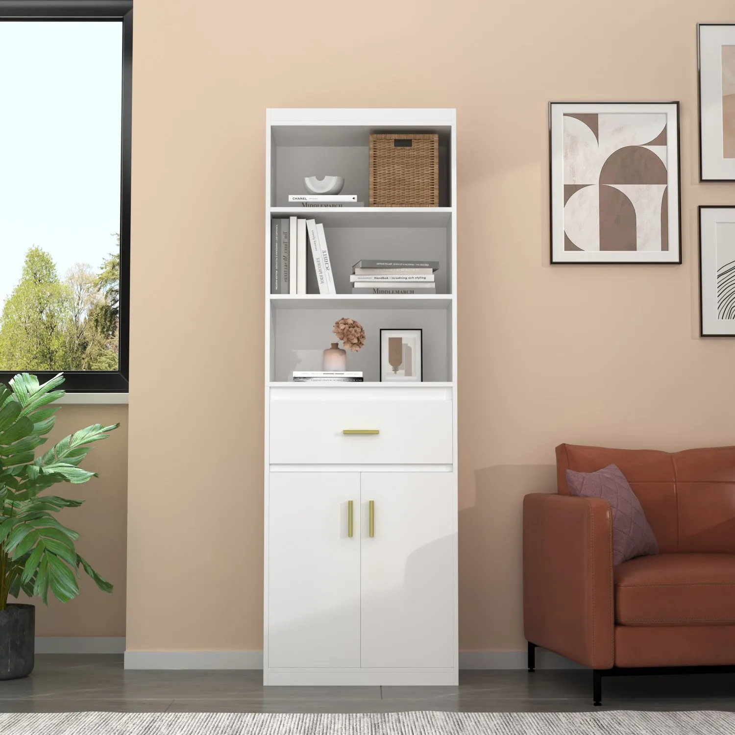 Modern Tall Bookcase with Doors, 3-Tier Shelves, and Drawer - 70" Wide