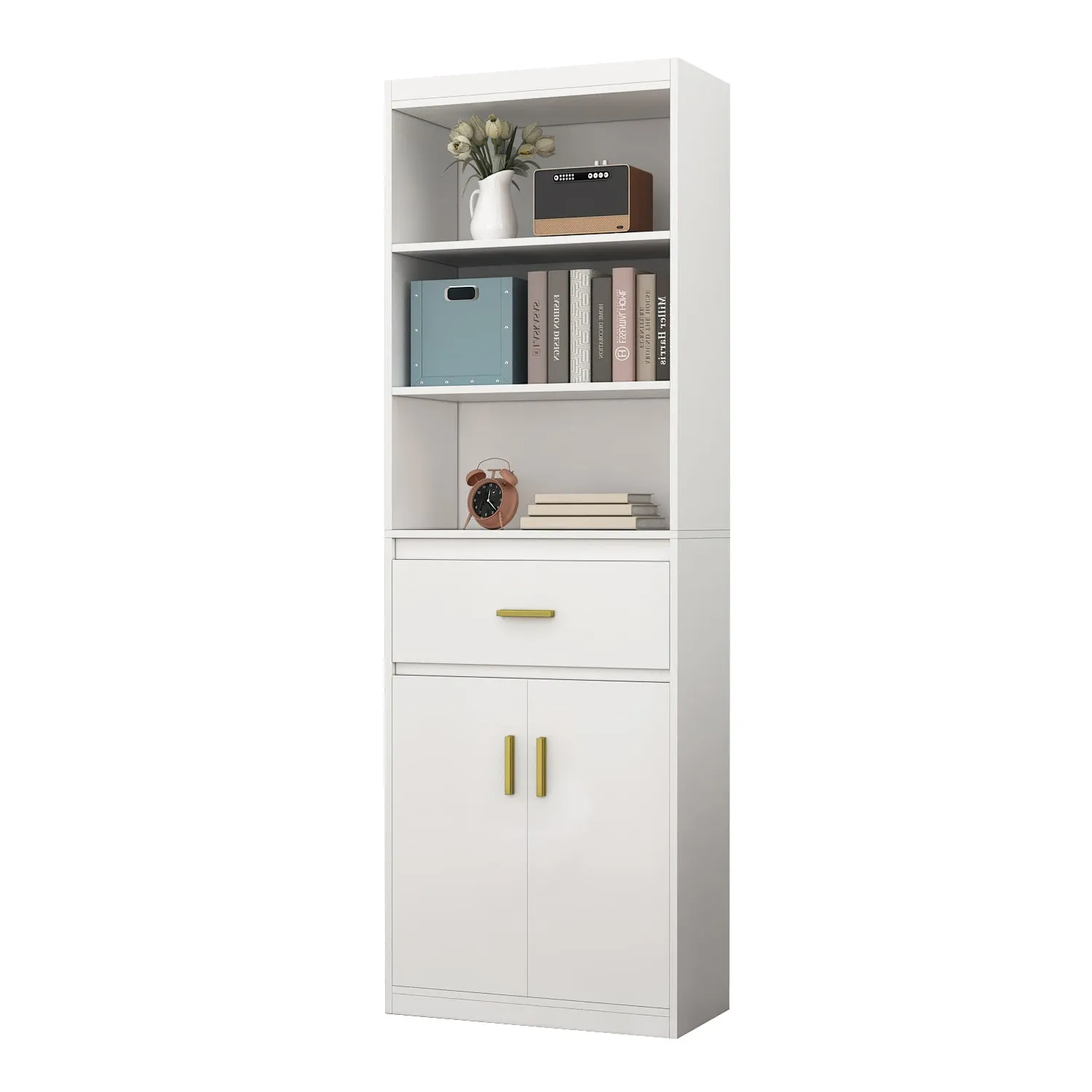 Modern Tall Bookcase with Doors, 3-Tier Shelves, and Drawer - 70" Wide