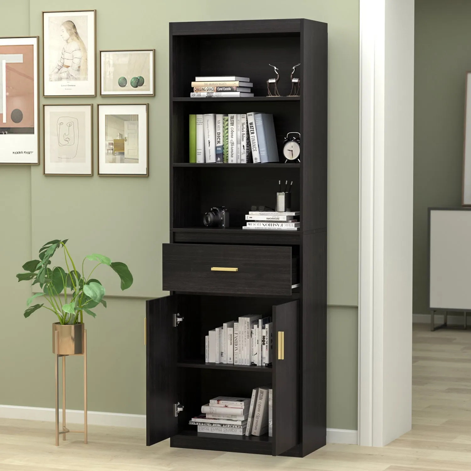 Modern Tall Bookcase with Doors, 3-Tier Shelves, and Drawer - 70" Wide