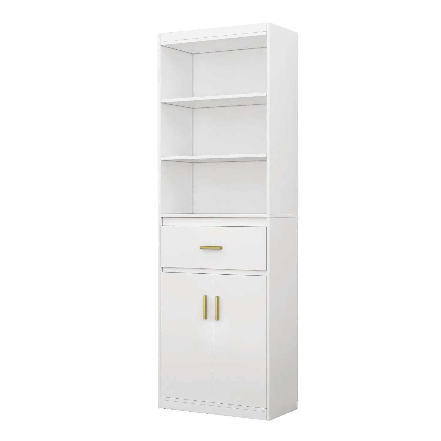 Modern Tall Bookcase with Doors, 3-Tier Shelves, and Drawer - 70" Wide