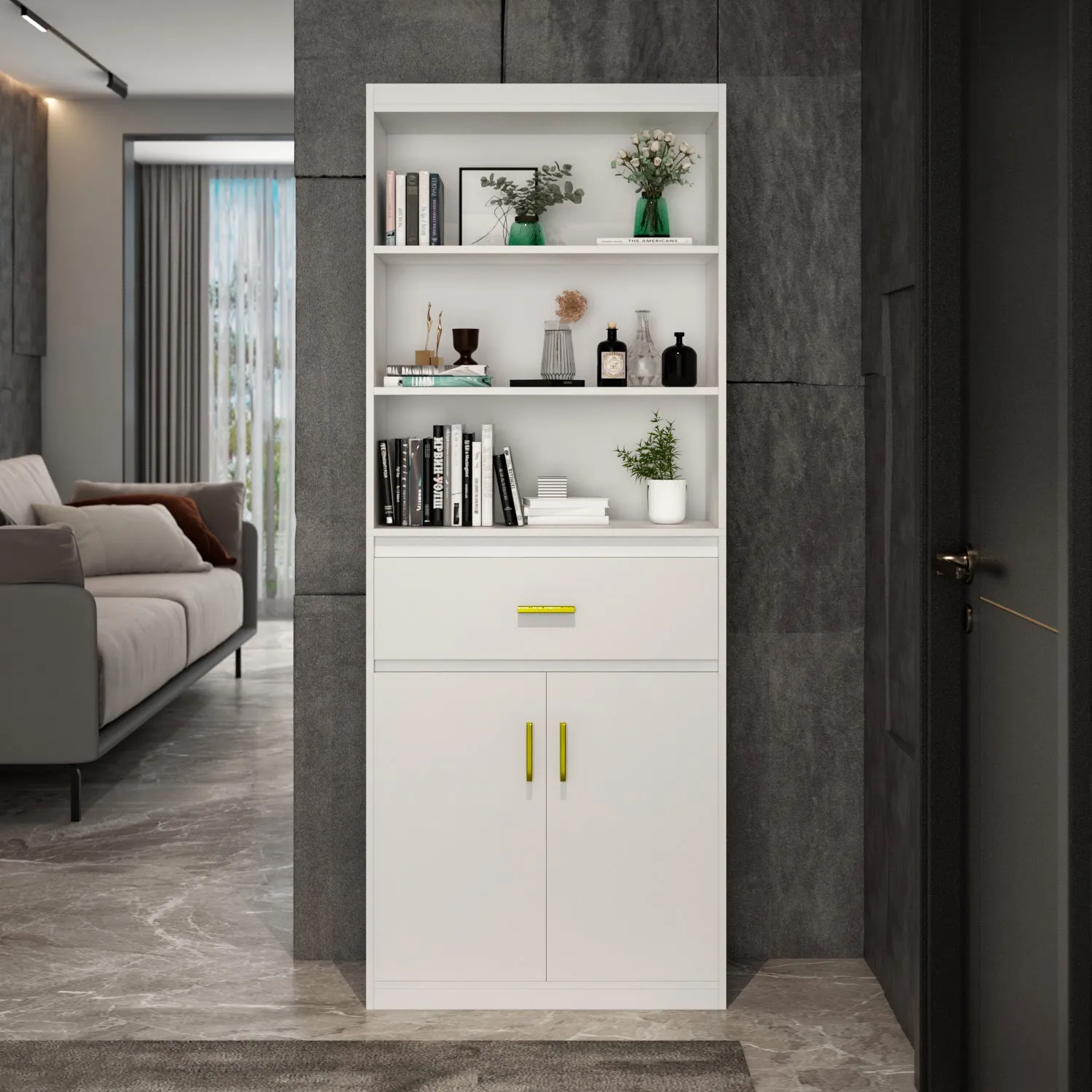 Modern Tall Bookcase with Doors, 3-Tier Shelves, and Drawer - 70" Wide