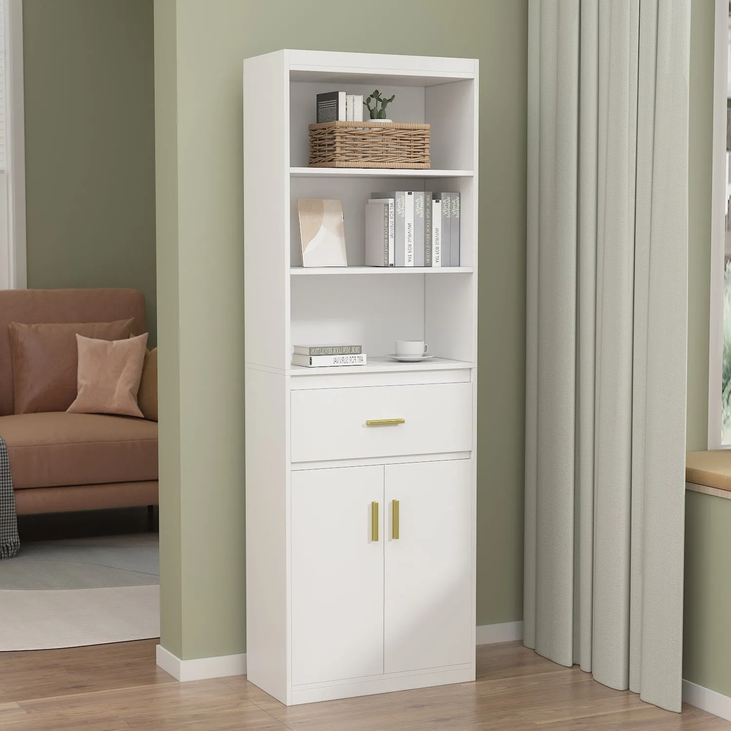 Modern Tall Bookcase with Doors, 3-Tier Shelves, and Drawer - 70" Wide