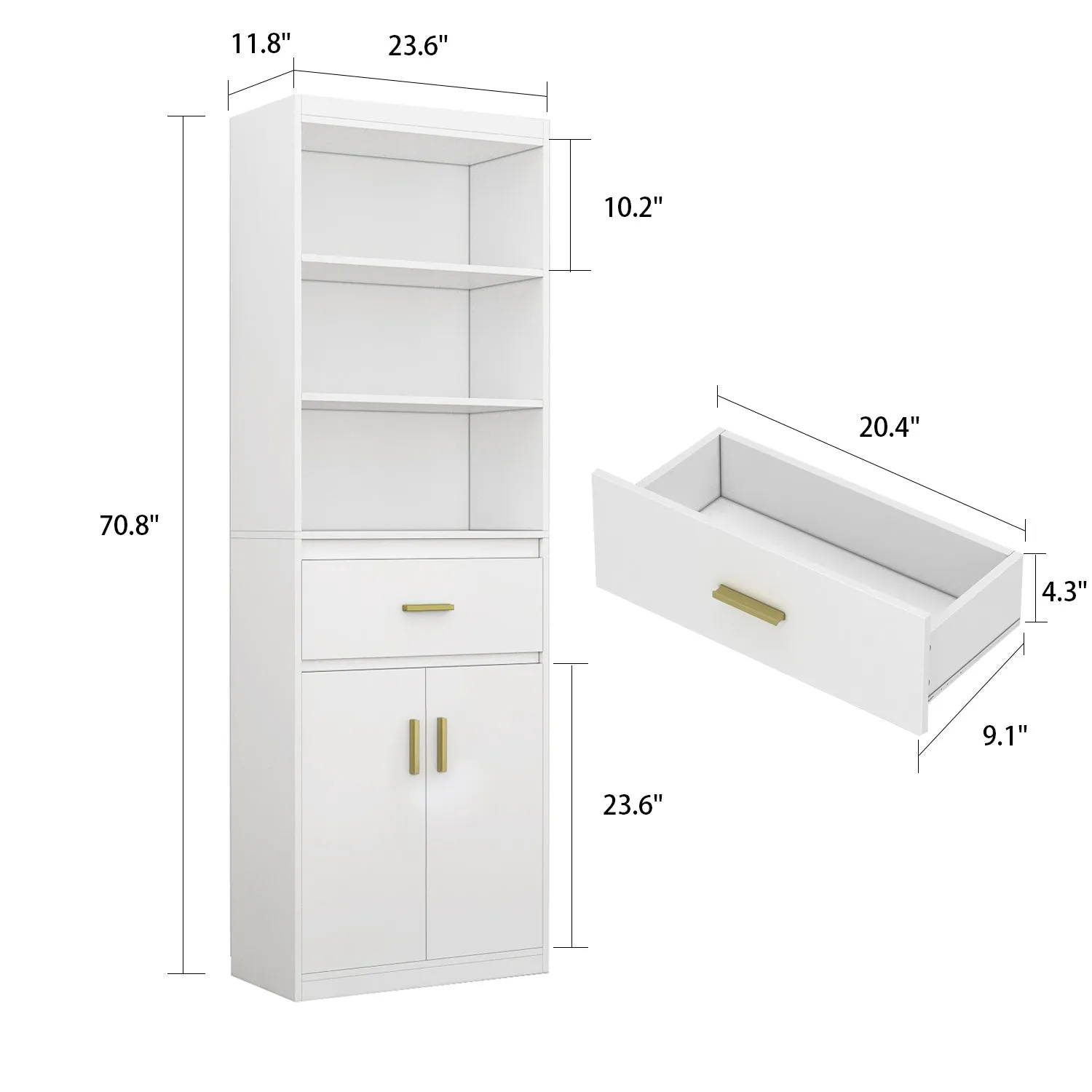 Modern Tall Bookcase with Doors, 3-Tier Shelves, and Drawer - 70" Wide