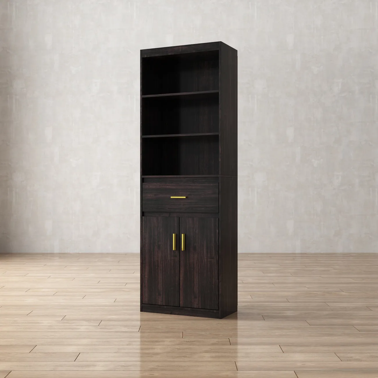 Modern Tall Bookcase with Doors, 3-Tier Shelves, and Drawer - 70" Wide