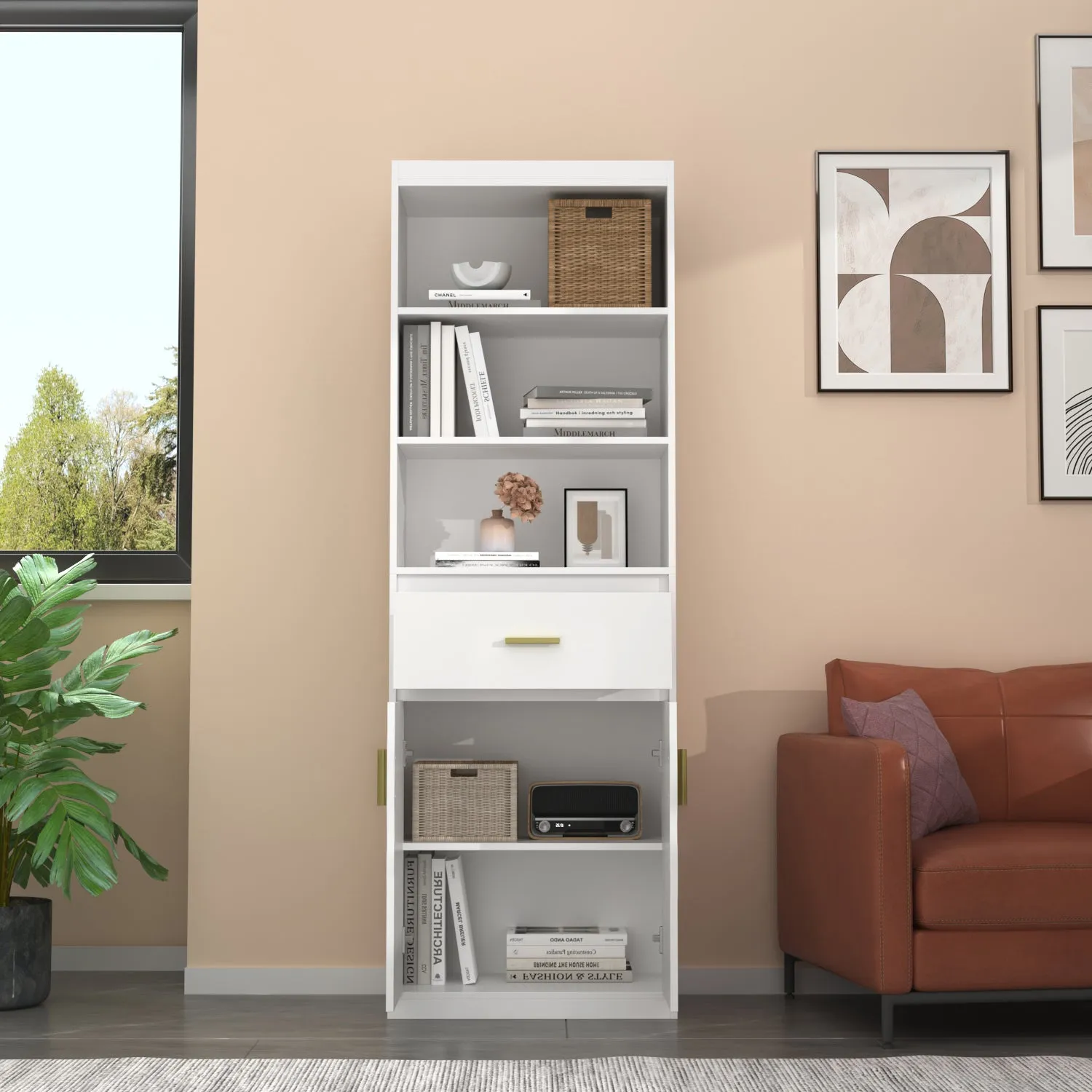 Modern Tall Bookcase with Doors, 3-Tier Shelves, and Drawer - 70" Wide