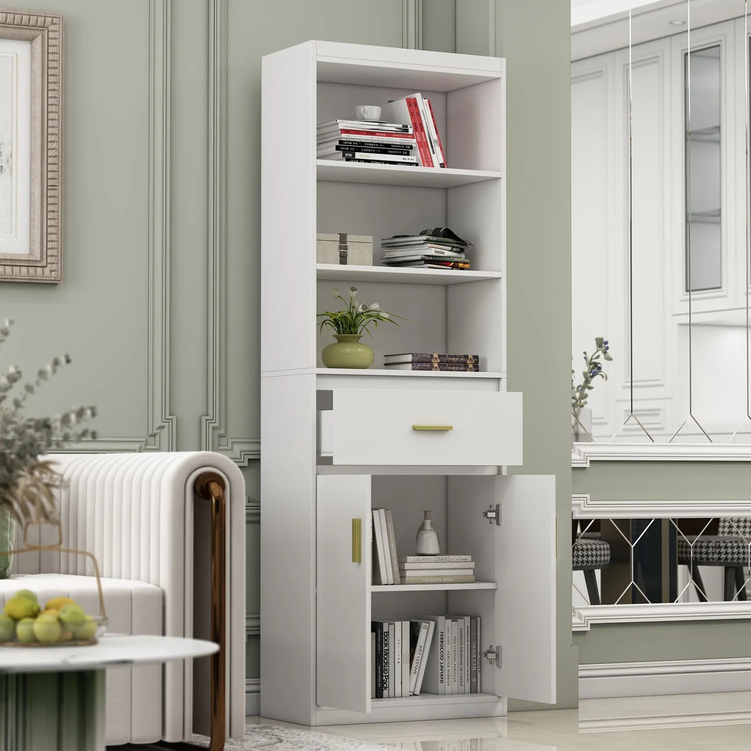 Modern Tall Bookcase with Doors, 3-Tier Shelves, and Drawer - 70" Wide