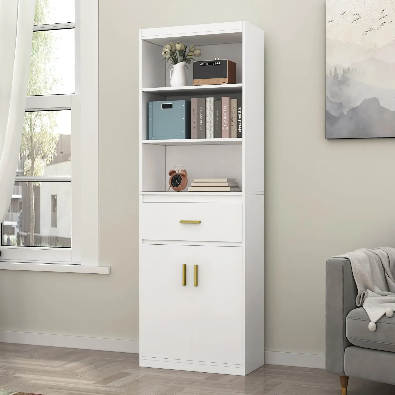 Modern Tall Bookcase with Doors, 3-Tier Shelves, and Drawer - 70" Wide