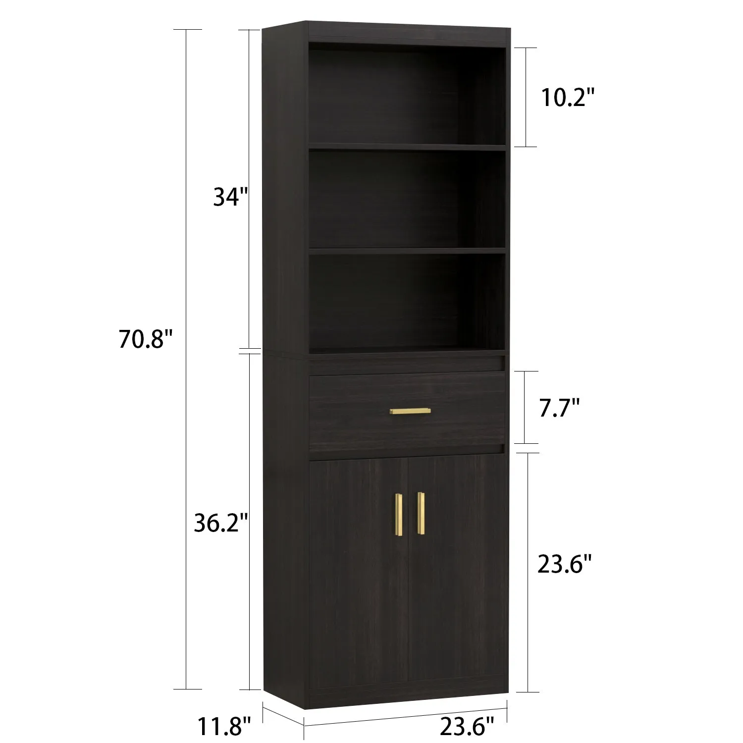 Modern Tall Bookcase with Doors, 3-Tier Shelves, and Drawer - 70" Wide