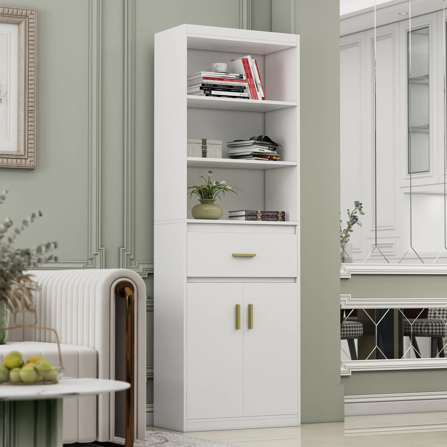 Modern Tall Bookcase with Doors, 3-Tier Shelves, and Drawer - 70" Wide