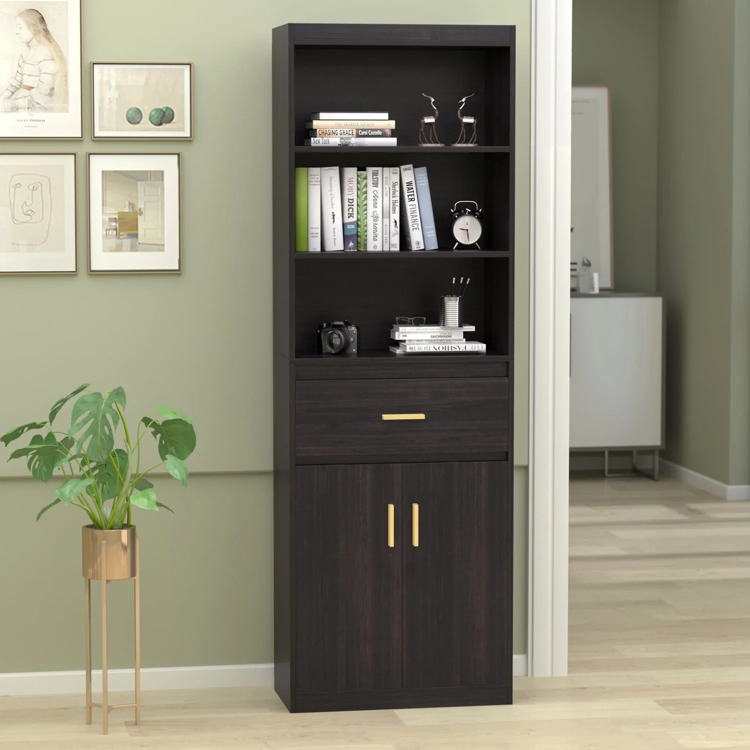 Modern Tall Bookcase with Doors, 3-Tier Shelves, and Drawer - 70" Wide