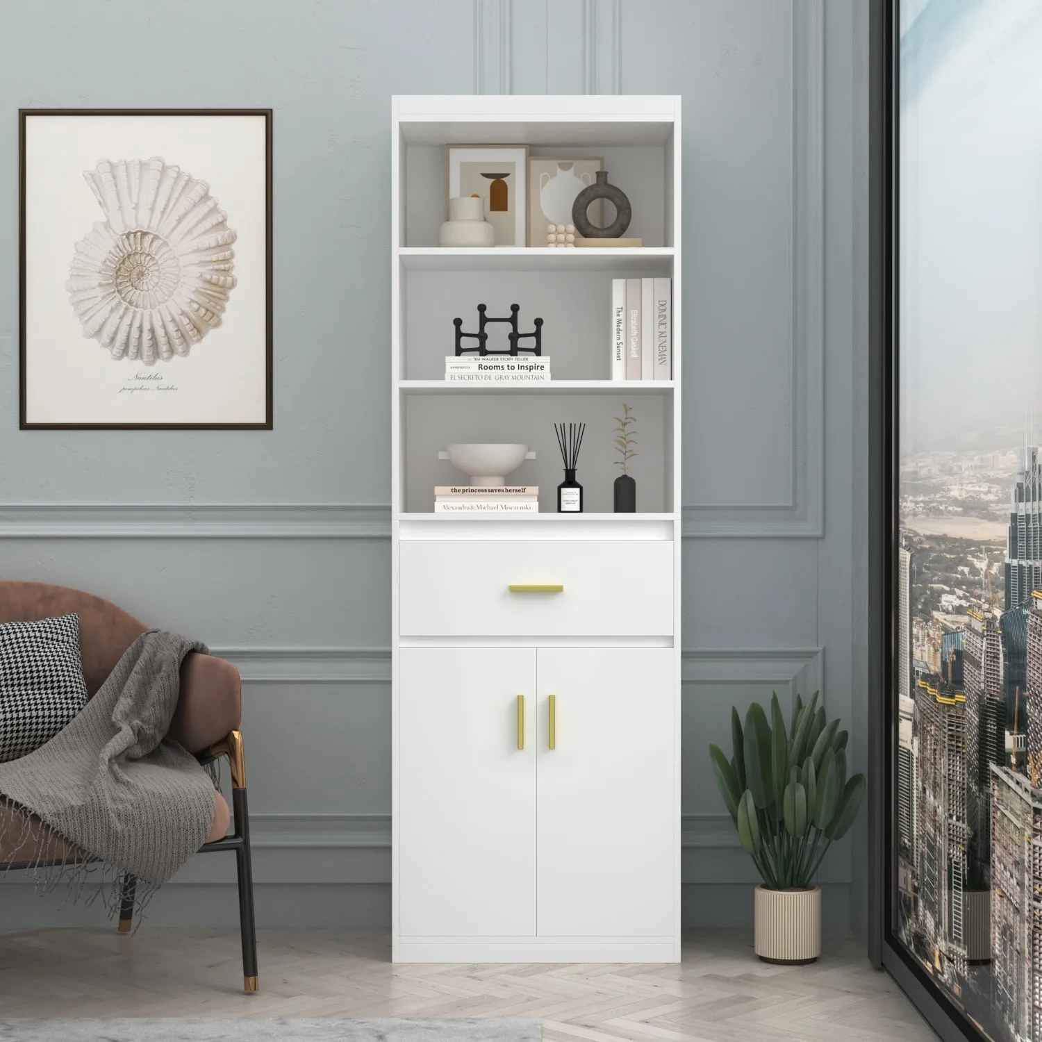 Modern Tall Bookcase with Doors, 3-Tier Shelves, and Drawer - 70" Wide