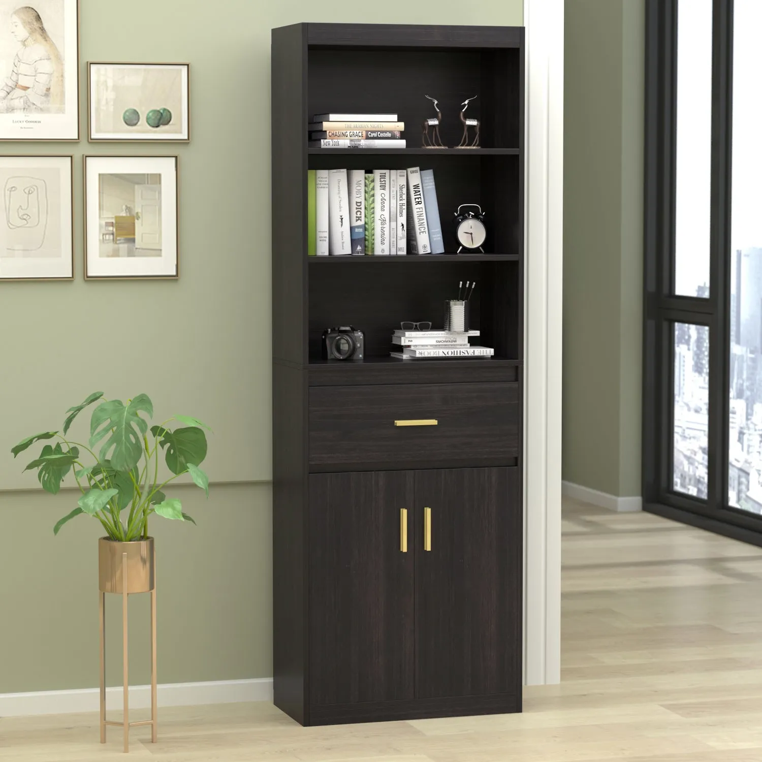 Modern Tall Bookcase with Doors, 3-Tier Shelves, and Drawer - 70" Wide