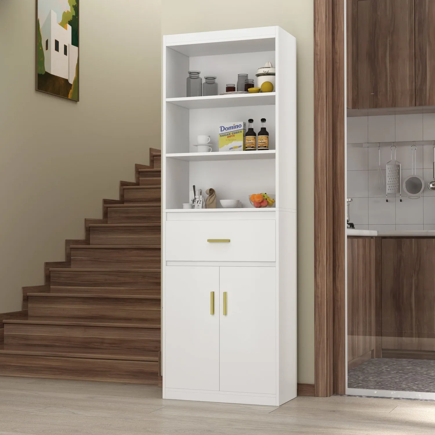 Modern Tall Bookcase with Doors, 3-Tier Shelves, and Drawer - 70" Wide