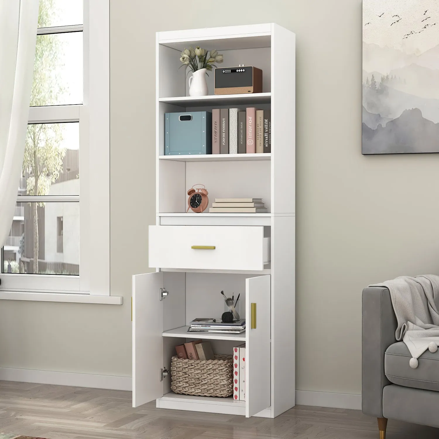 Modern Tall Bookcase with Doors, 3-Tier Shelves, and Drawer - 70" Wide