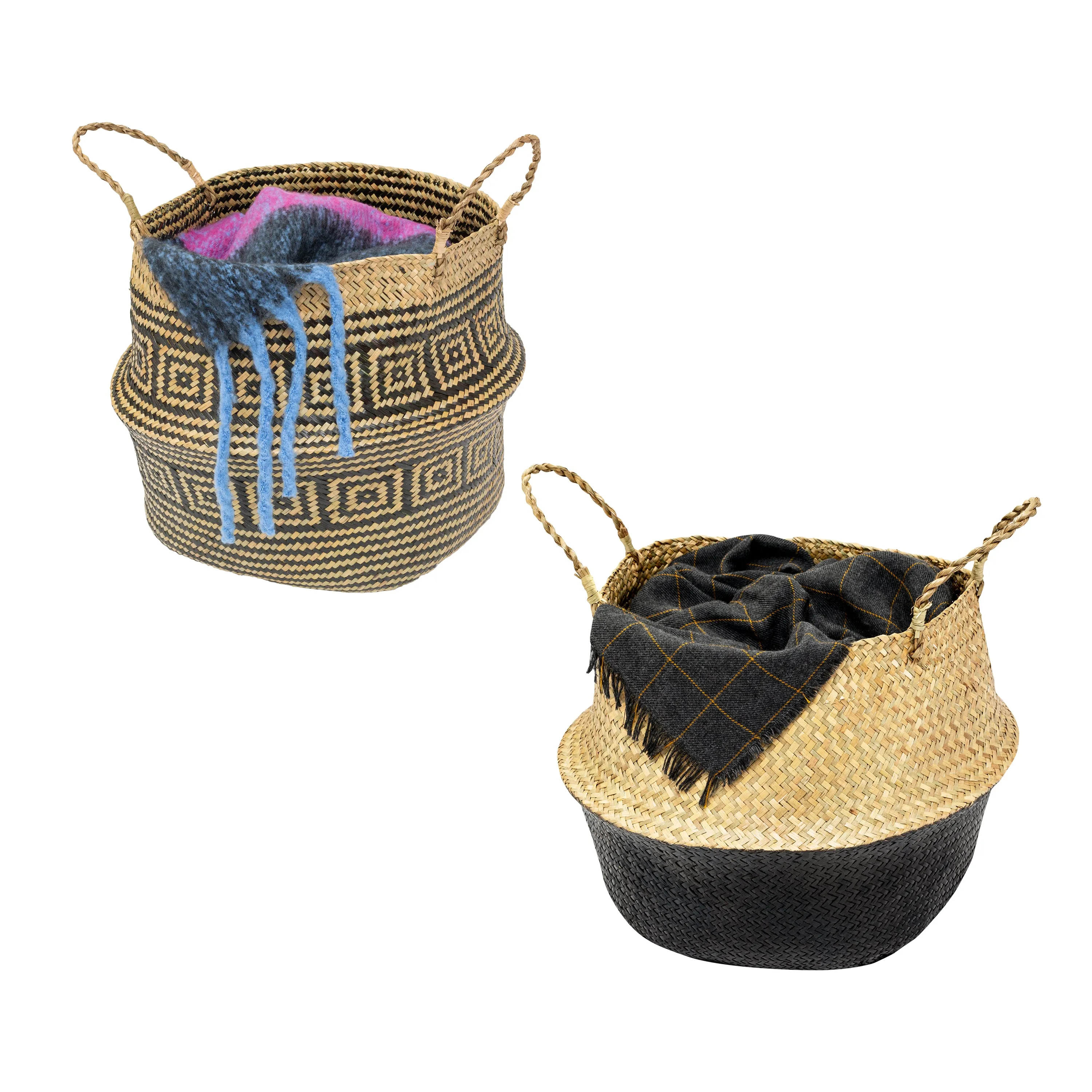 Natural/Black Seagrass Folding Belly Baskets (Set of 2)