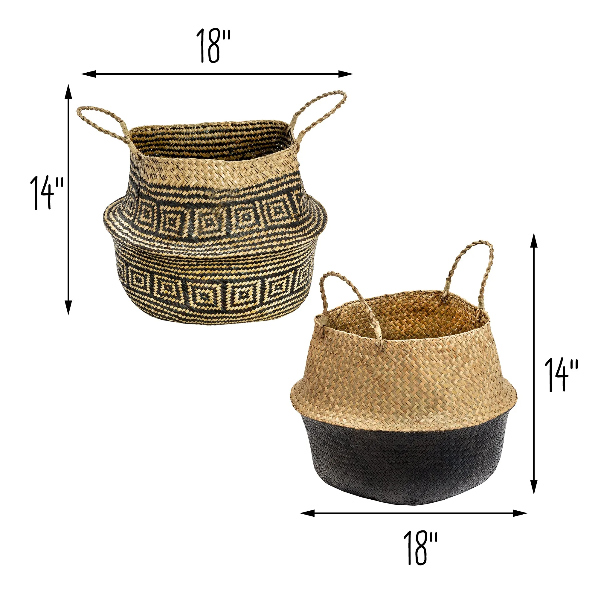 Natural/Black Seagrass Folding Belly Baskets (Set of 2)