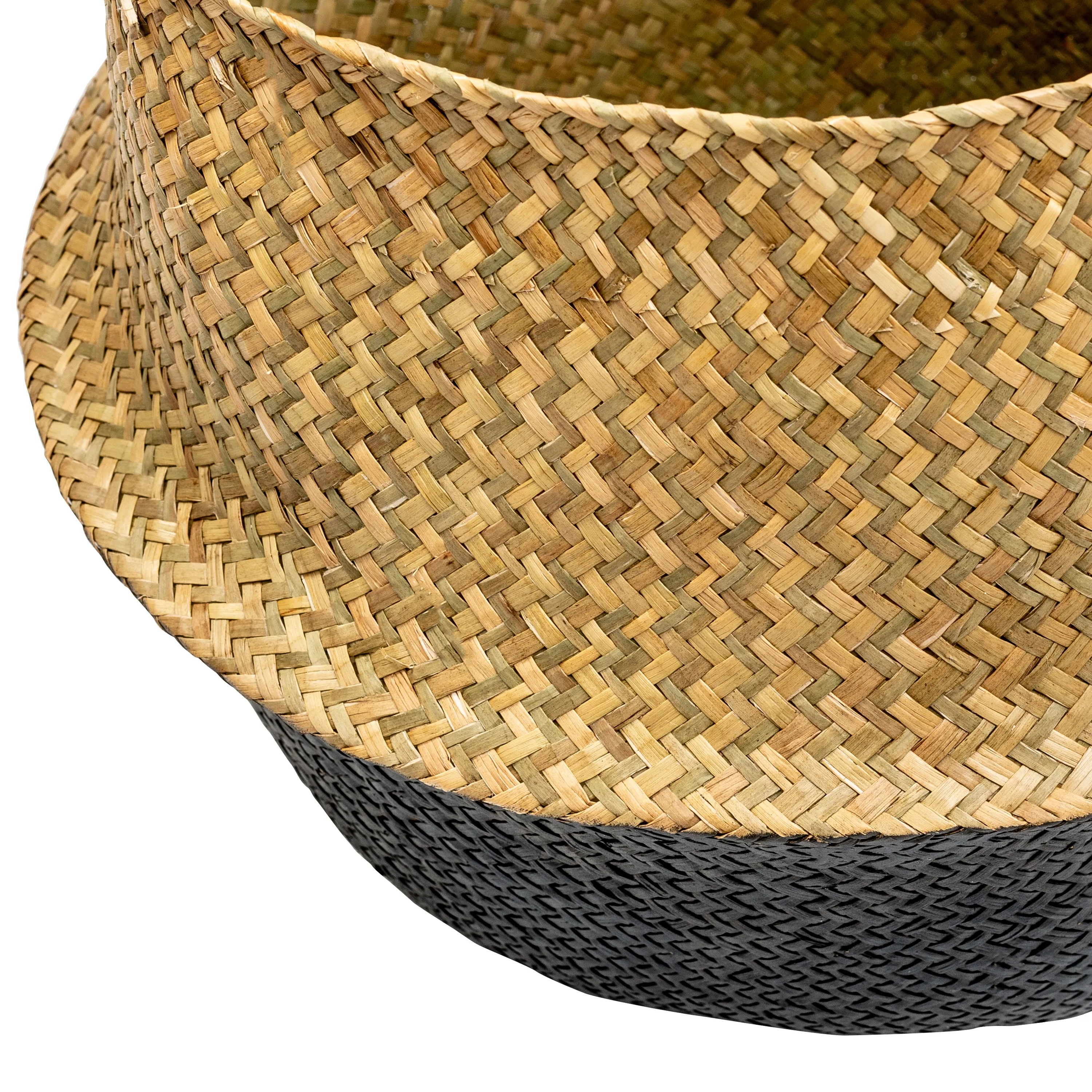 Natural/Black Seagrass Folding Belly Baskets (Set of 2)