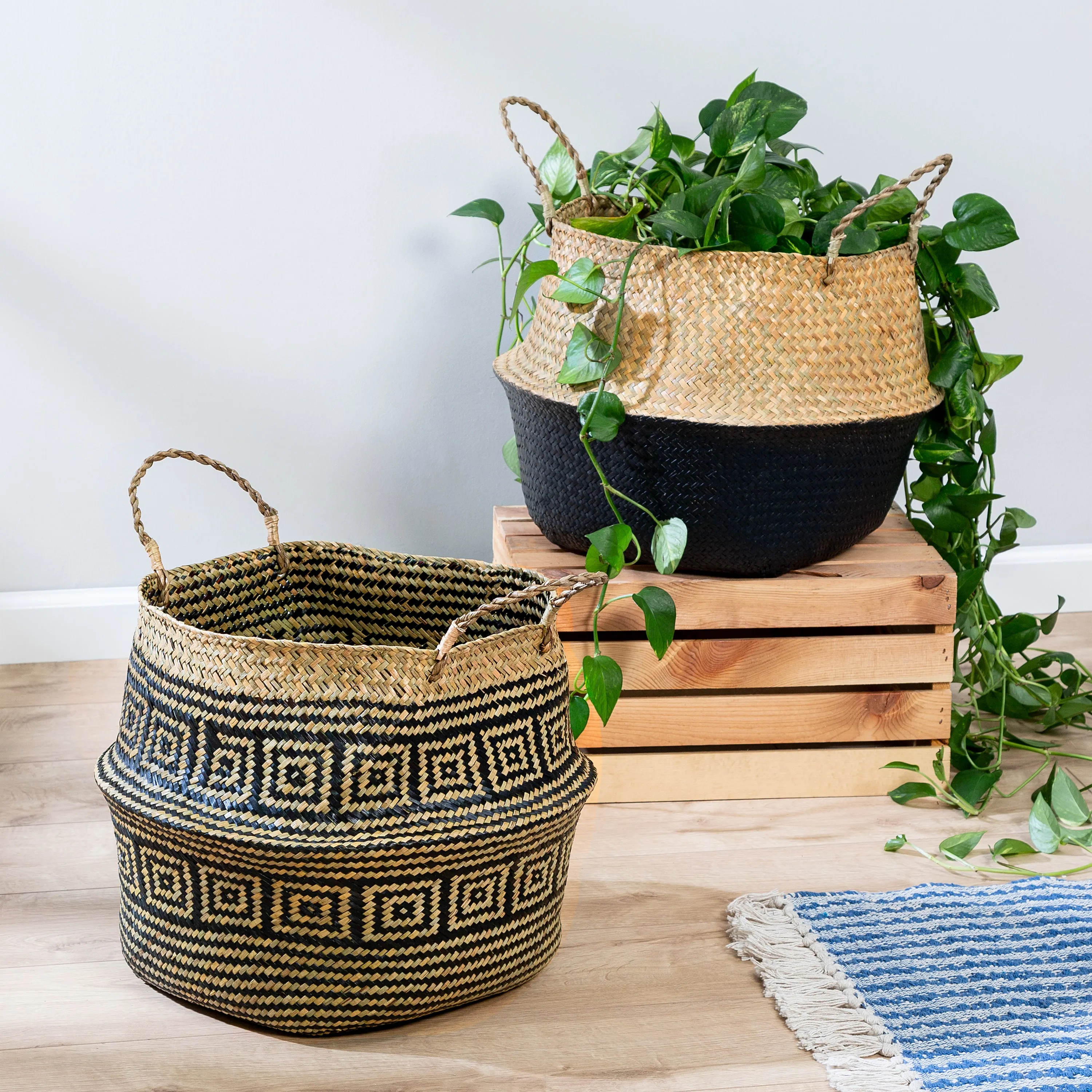 Natural/Black Seagrass Folding Belly Baskets (Set of 2)