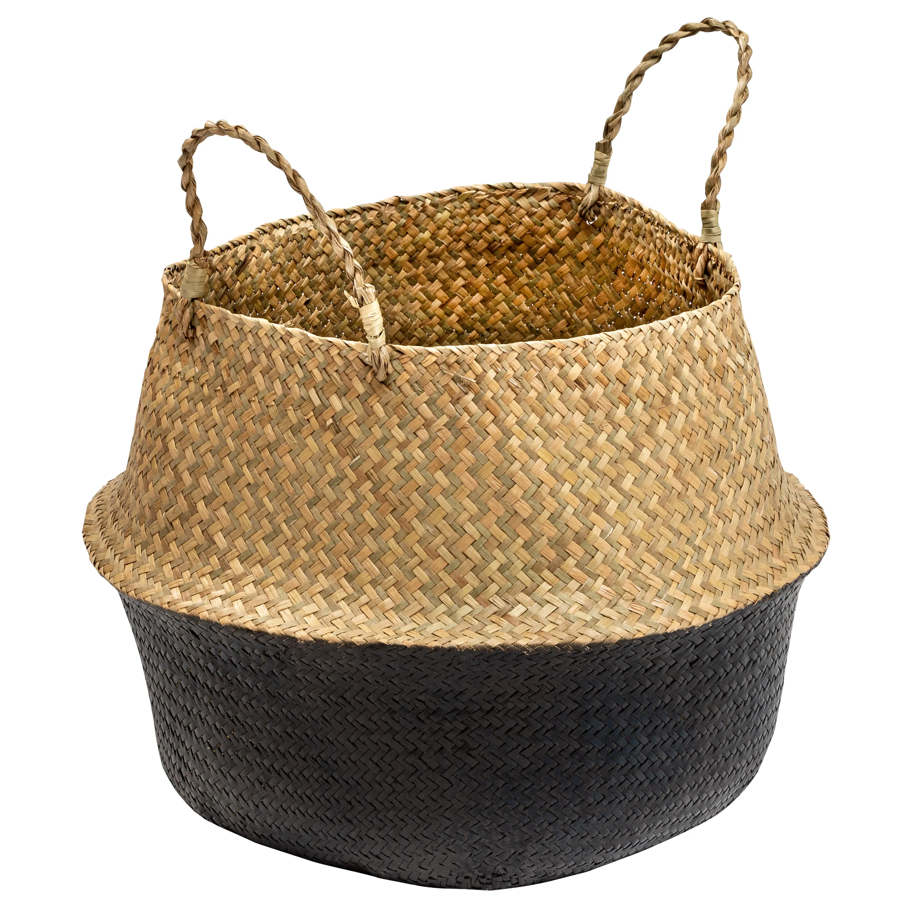 Natural/Black Seagrass Folding Belly Baskets (Set of 2)