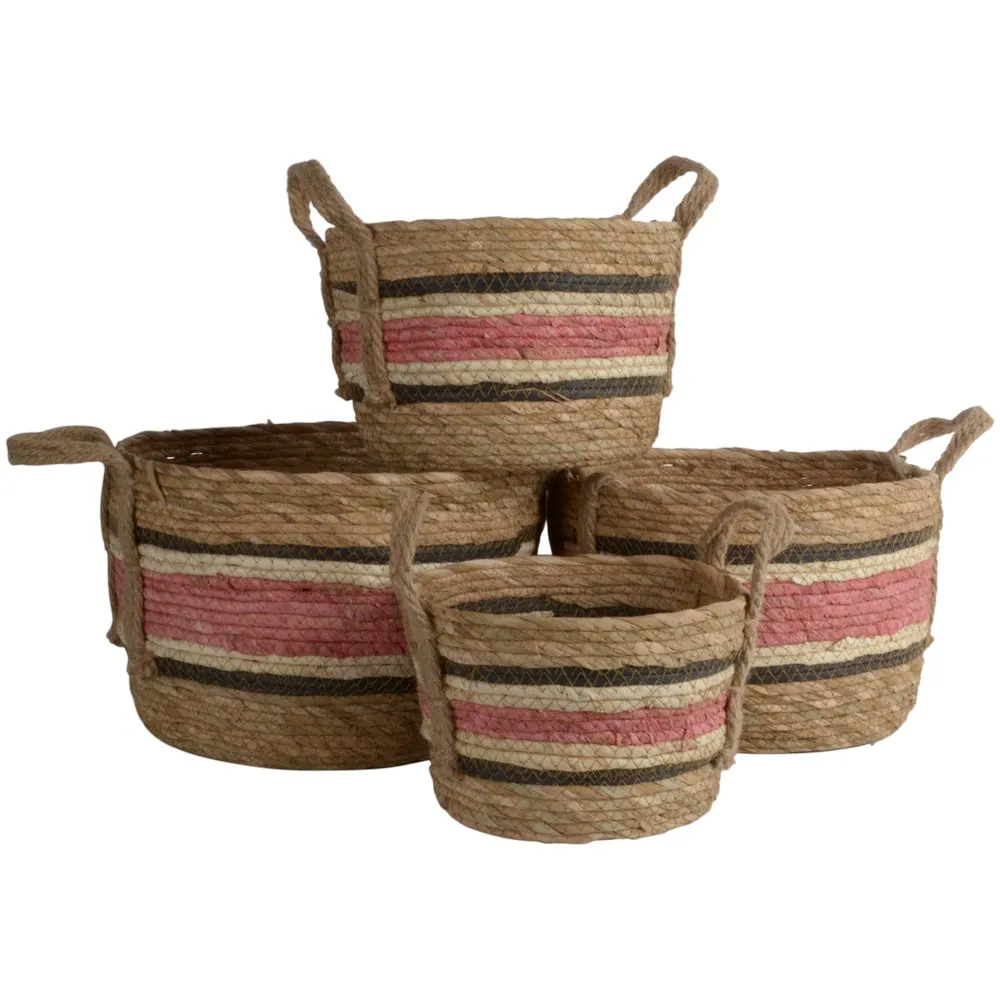 Natural/Rose Corn And Straw Basket w/Handles s/4 33x23cm