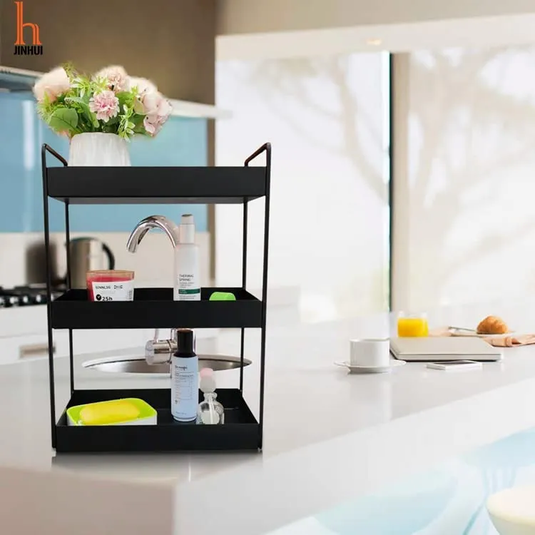 SHIOK DECOR 3 Tier Counter-top Bathroom Storage Organizer | Makeup Holder - Spice Rack Cabinet Organization Tray Shelf for Home Kitchen | Black| Metal | Storage Pantry Shelves