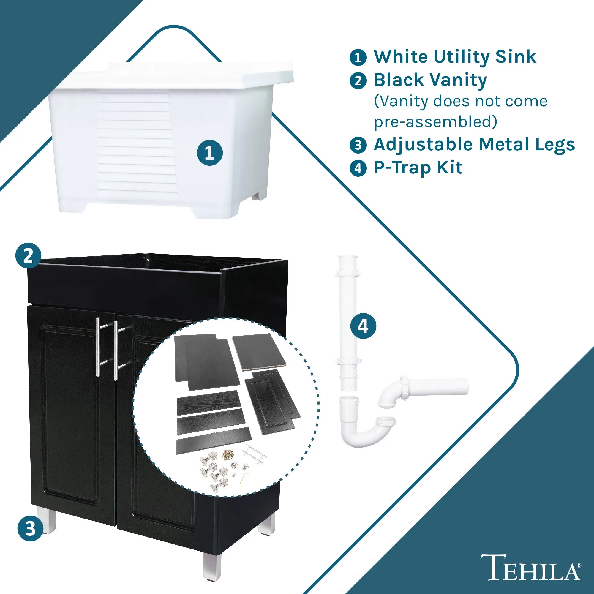 Tehila Black Vanity Cabinet and White Utility Sink, No Supply Lines, No Strainer Basket