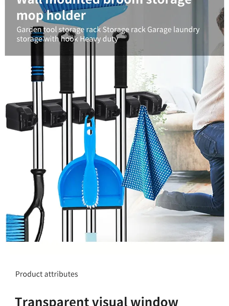 Wall Mounted Mop Holder 3/4/5 Position Multi-Functional Broom Hanger Shelf Home Kitchen Storage Black Magic Plastic Mop Holder