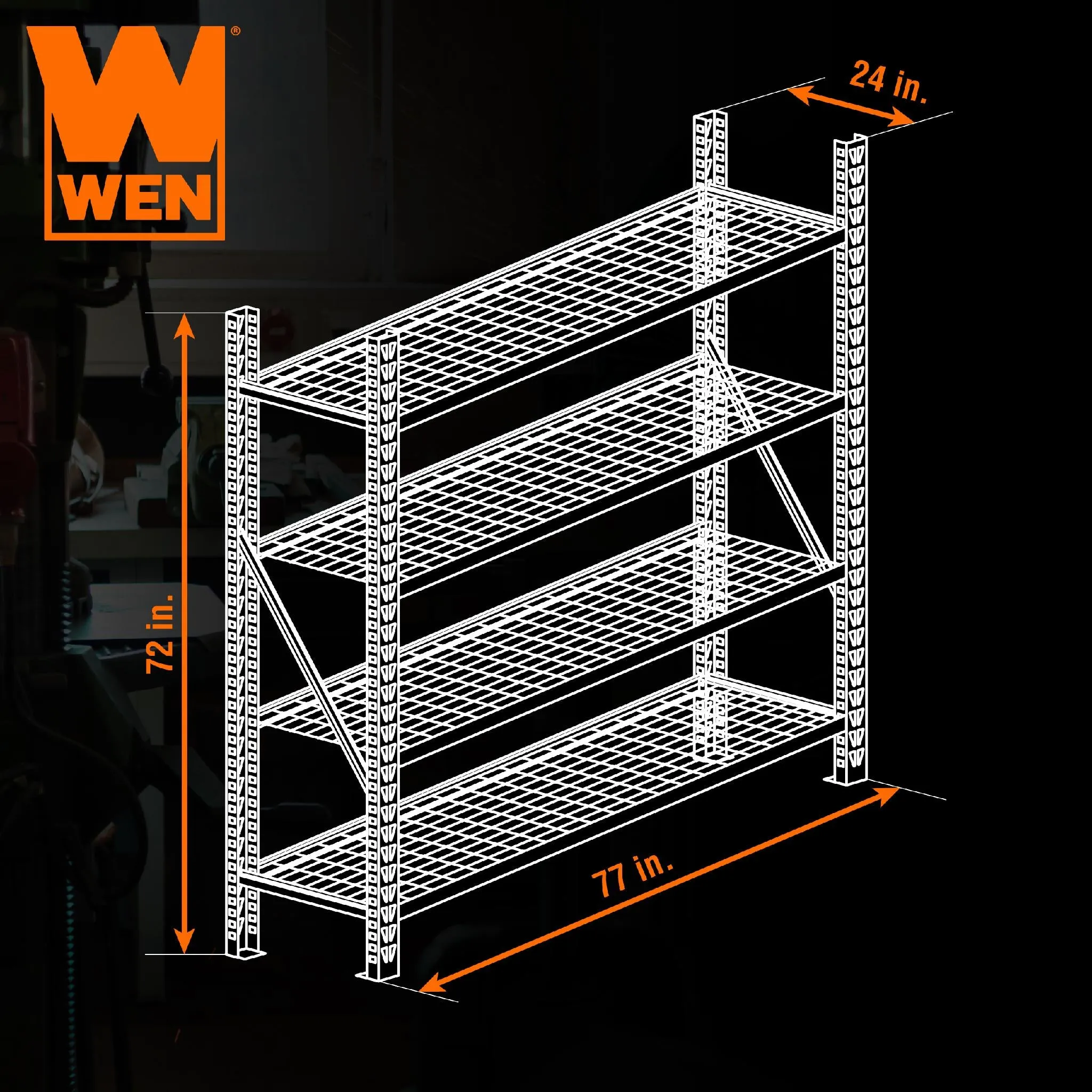 WEN RK7724-4 Four-Tier Industrial Steel Storage Rack with Adjustable Shelving and 8000-Pound Capacity