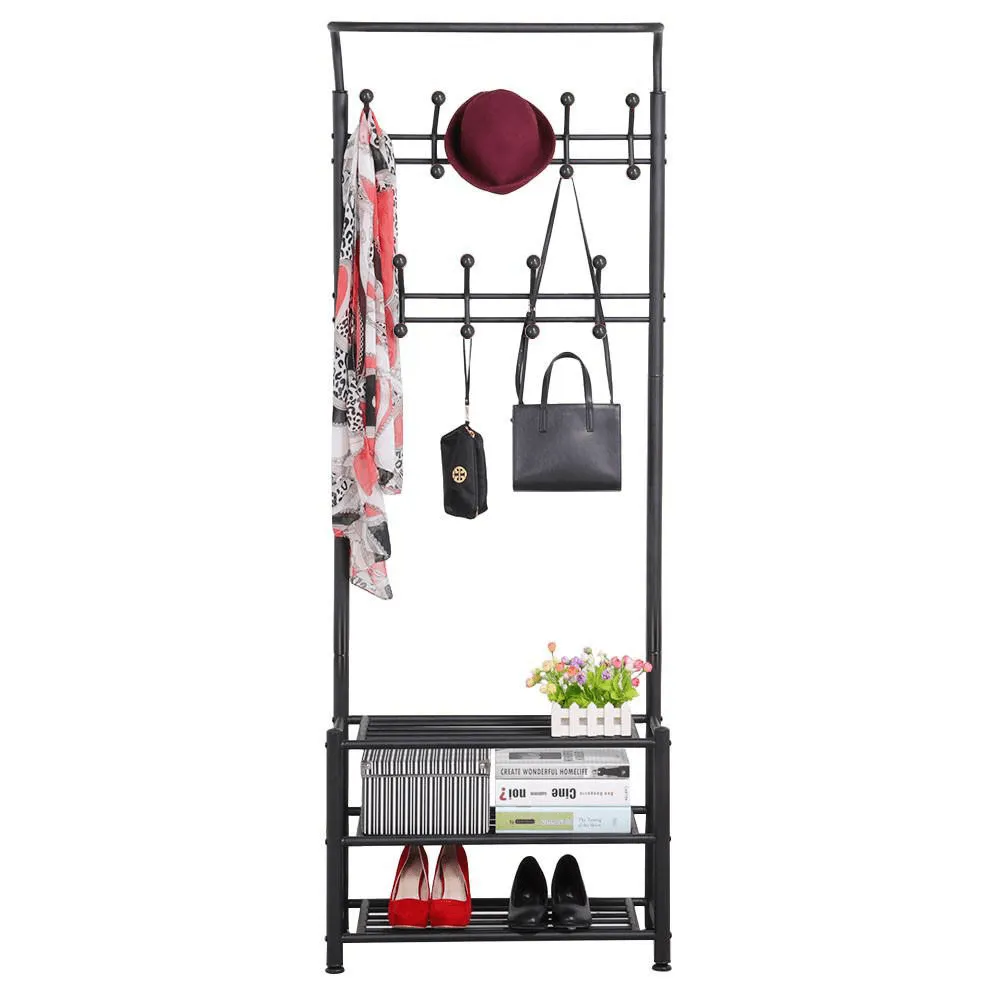 Yaheetech 18 Hooks Coat Rack with 3-Tier Shoe Rack Bench