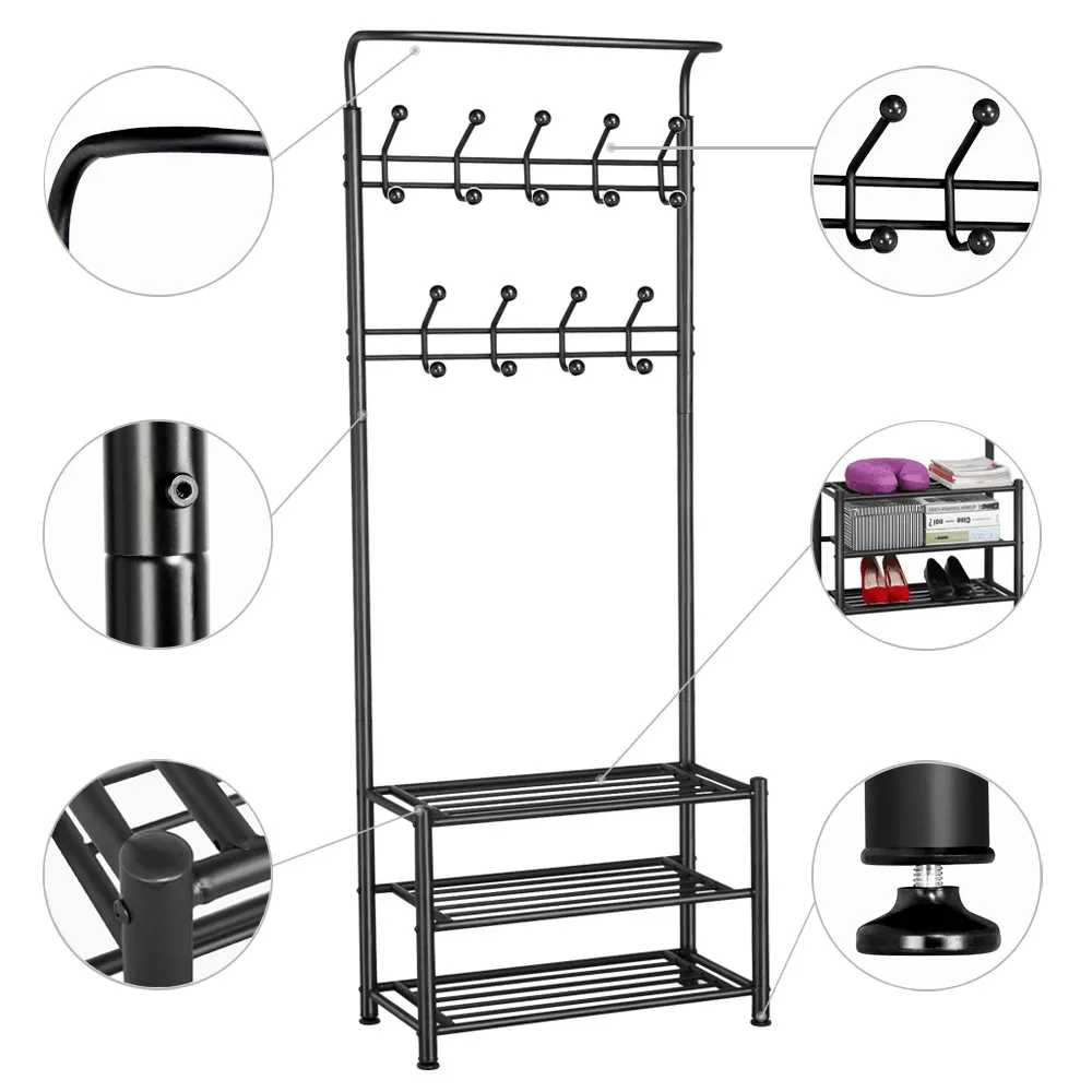 Yaheetech 18 Hooks Coat Rack with 3-Tier Shoe Rack Bench