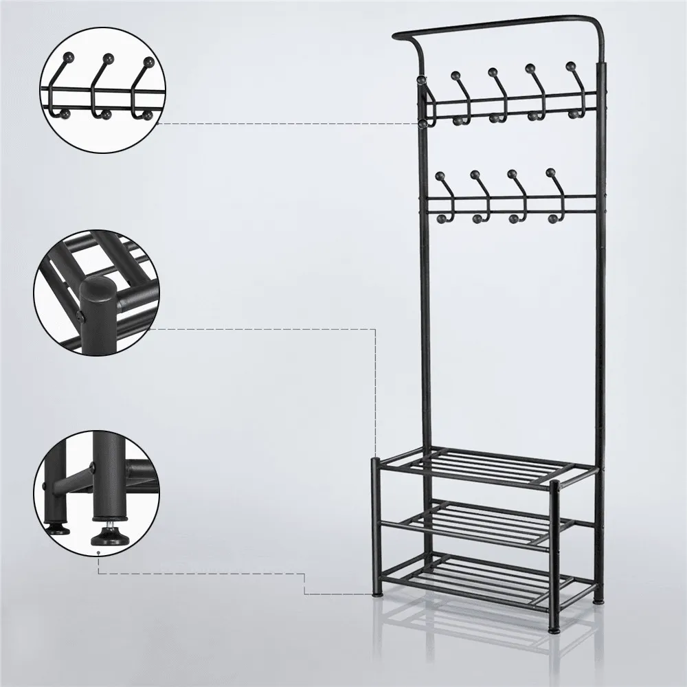 Yaheetech 18 Hooks Coat Rack with 3-Tier Shoe Rack Bench