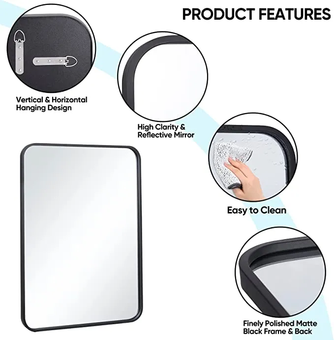 ZENY™ 22x30 Inch Black Wall Mirror Wall,Vanity Mirrors with Stainless Steel Metal Frame and Rounded Edge